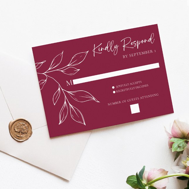 Cranberry Hand Drawn Foliage Wedding Response Card OSA Kort (Cranberry Hand Drawn Foliage Wedding RSVP Response Card)