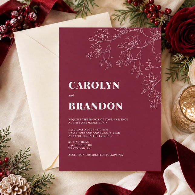 Cranberry Modern Blommig Bröllopsinbjudan Inbjudningar (Cranberry Modern Floral Wedding Invitation)