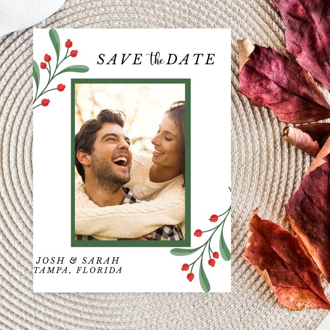 Cranberry Photo Holiday Save the Date Invitation  OSA Kort (Save the Date Christmas, Holiday Wedding Invitation)