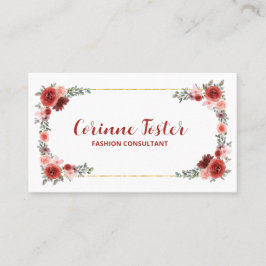 Cranberry Red and Rosa Blommigt Gold Foil Visitkort
