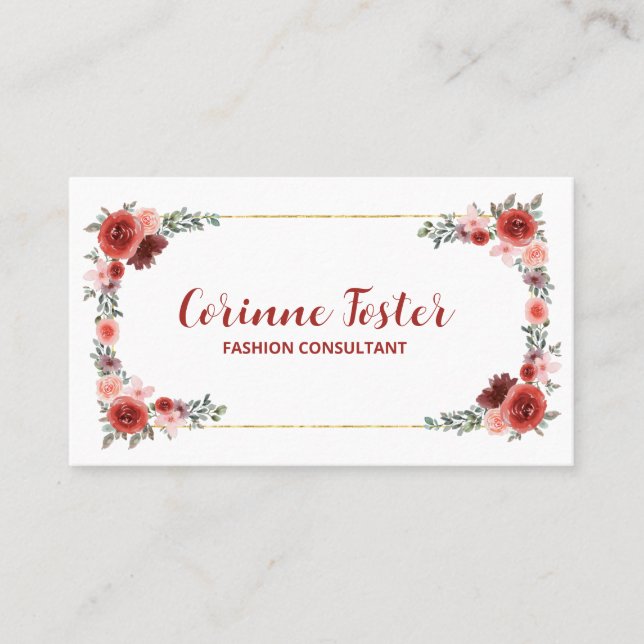 Cranberry Red and  Rosa Blommigt Gold Foil Visitkort (Framsida)