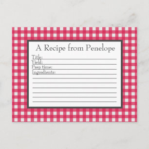 Cranberry Red Gingham Mönster Recept Card Vykort