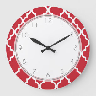 Cranberry Red Quatrefoil Mönster Stor Klocka
