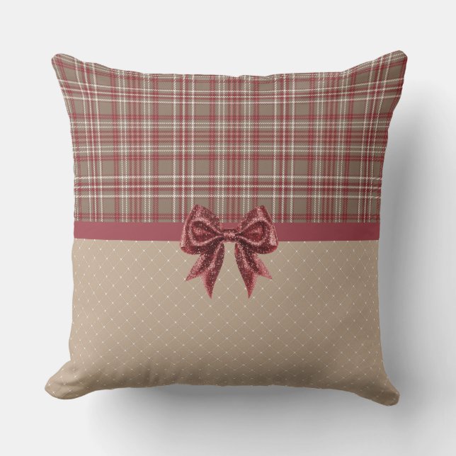 Cranberry Red, White and Tan Plaid Kudde (Framsida)