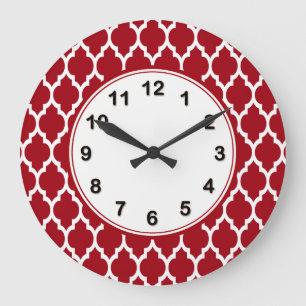 Cranberry Red White Moroccan Quatrefoil Mönster #4 Stor Klocka