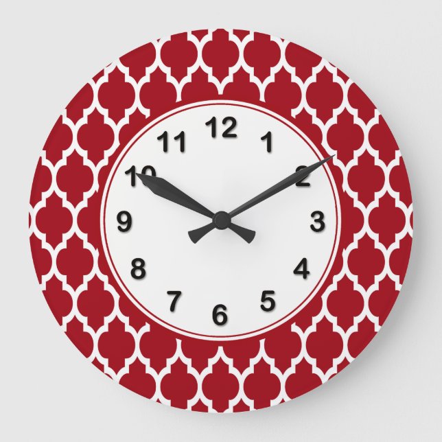Cranberry Red White Moroccan Quatrefoil Mönster #4 Stor Klocka (Framsida)