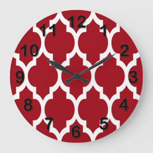 Cranberry Red White Moroccan Quatrefoil Mönster #4 Stor Klocka