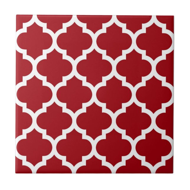 Cranberry Red White Moroccan Quatrefoil Mönster #5 Kakelplatta (Framsidan)