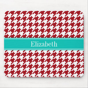 Cranberry Red Wht Houndstooth Teal Namn Monogram Musmatta