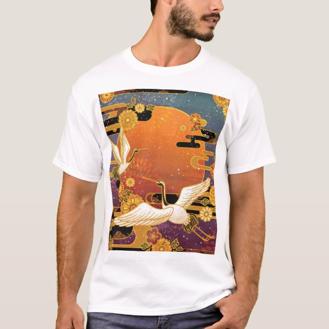 Crane Bird Chrysanthemum Japanska Mönster T Shirt (Framsida)