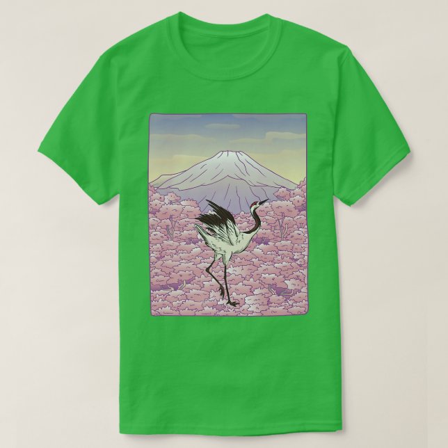 Crane Bird Japanska Sakura Träd Cherry Blommar Flo T Shirt (Design framsida)
