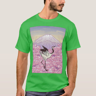 Crane Bird Japanska Sakura Träd Cherry Blommar Flo T Shirt