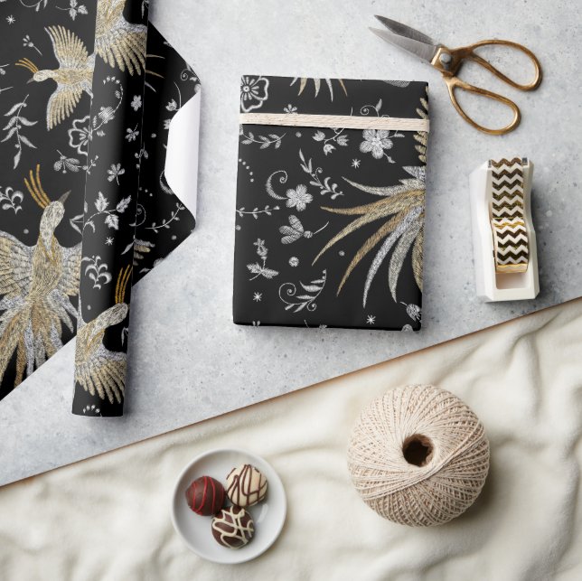 Crane Birds and Flowers Mönster Presentpapper (Hantverk)