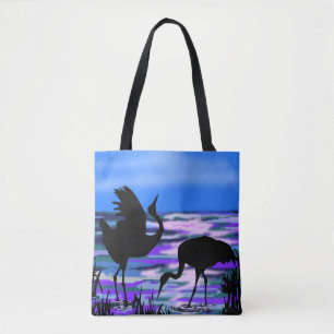 Crane Birds Tote Bag Sunset Sjö Tygkasse