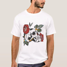 crane fleur rose feuille tattoo tete de mort branc t shirt