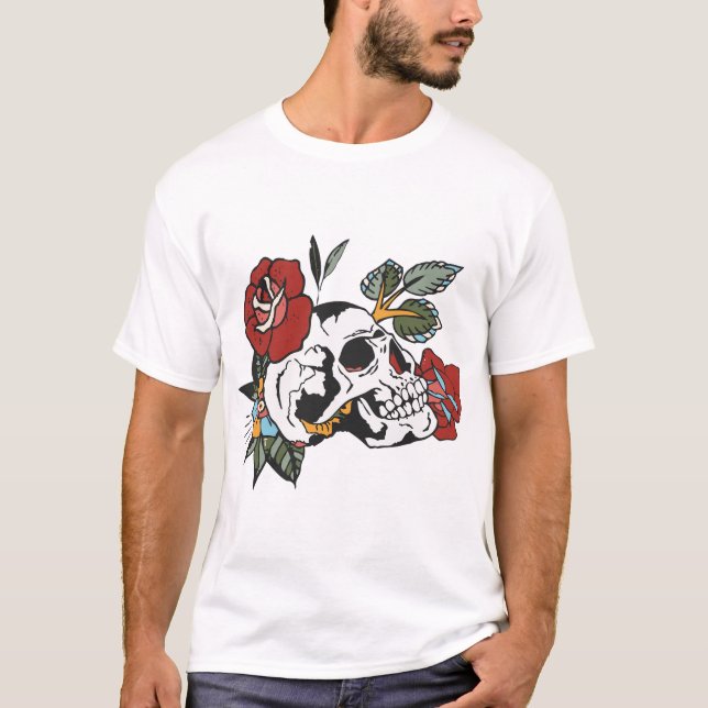 crane fleur rose feuille tattoo tete de mort branc t shirt (Framsida)