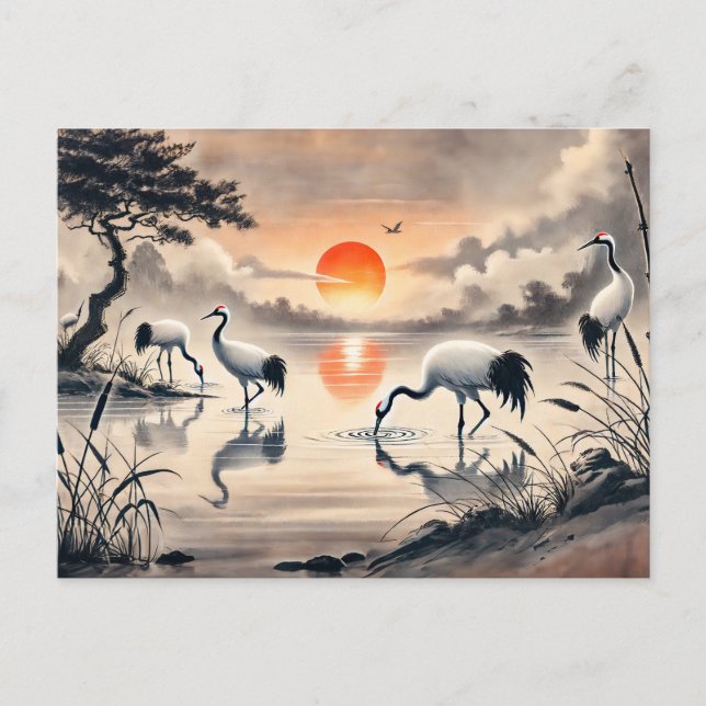 Crane in in Marsh at Sunset Chinese Bläck Painting Vykort (Framsida)