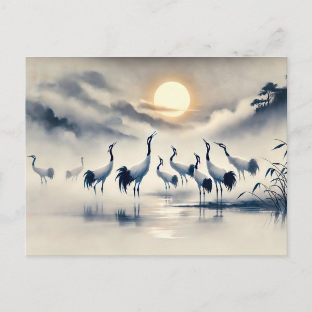 Crane in in Marsh at Sunset Chinese Bläck Painting Vykort (Framsida)