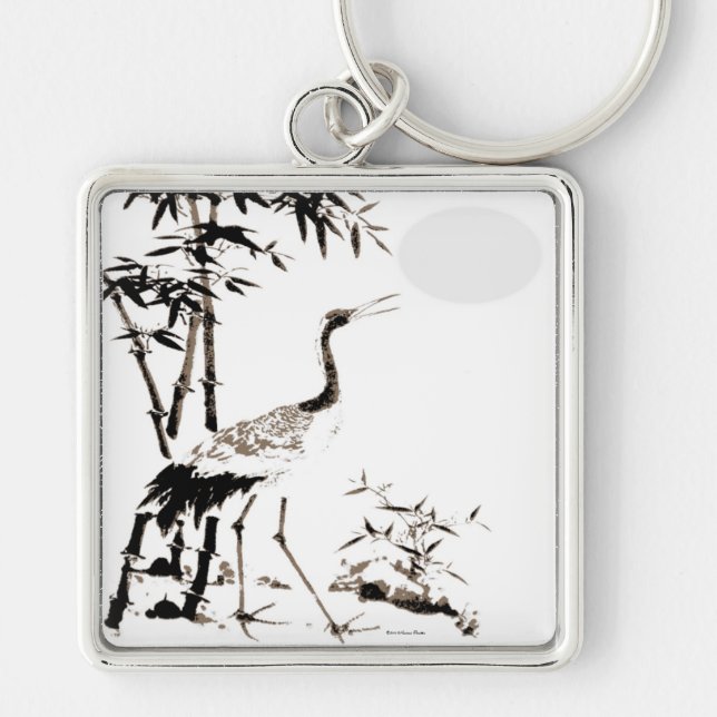 Crane Keychain Fyrkantig Silverfärgad Nyckelring (Framsidan)