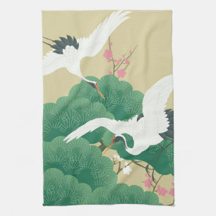Crane med Blommarna Gräs Träd och plommon Kökshandduk