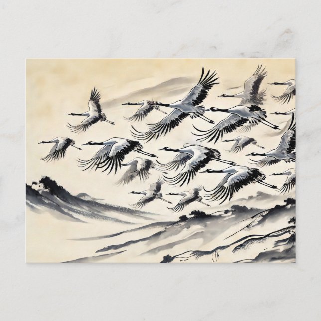 Crane Migration över bergen kinesiska Bläck Painti Vykort (Framsida)