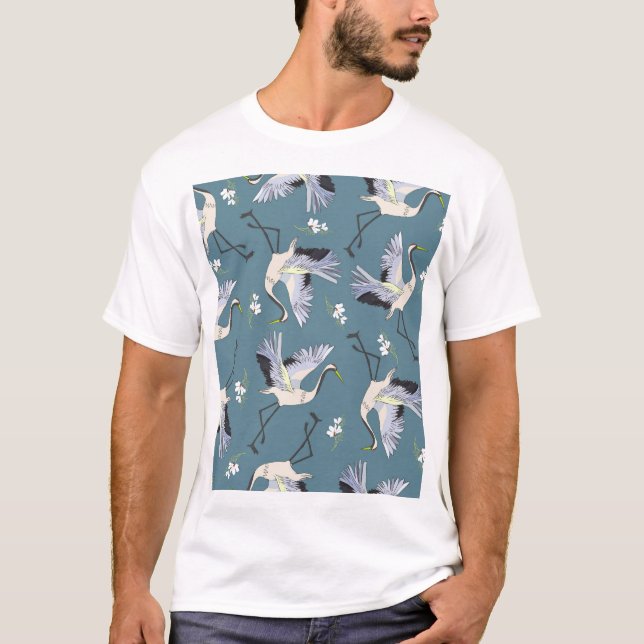 Crane Mönster, Illustration Flies Bird. T Shirt (Framsida)