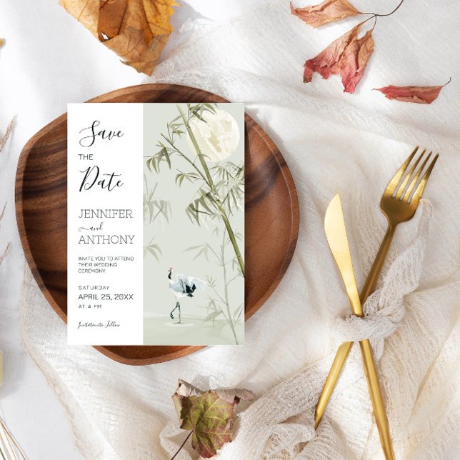 Crane och Bamboo Plant Spara Datumet (Skapare uppladdad)