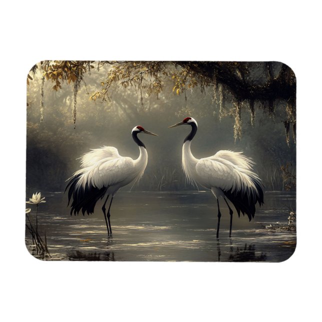 Crane Pair i en Misty Marsh Flexible Magnet (Horisontell)