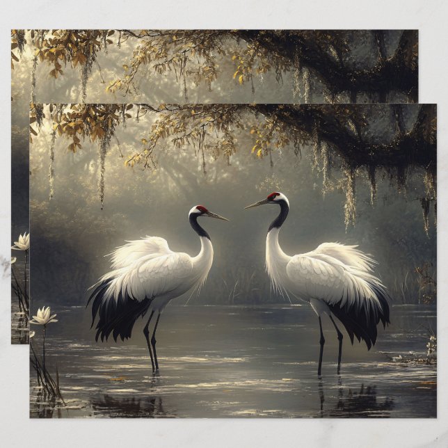Crane Pair i en Misty Marsh-Papper (Fram/baksida)