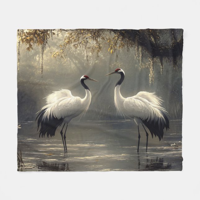 Crane Pair i Misty Marsh Fleecefilt (Framsidan (Horisontell))