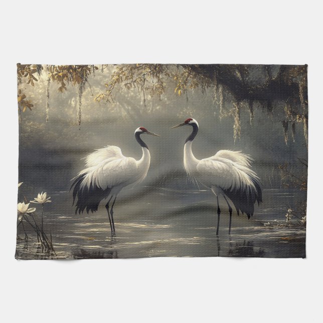 Crane Pair i Misty Marsh Kökshandduk (Horisontell)
