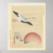 Crane vid soluppgång, Antique Japansk Wall Art