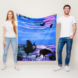 Cranes Bird Couple Blue Fleece Blanket Kärlek