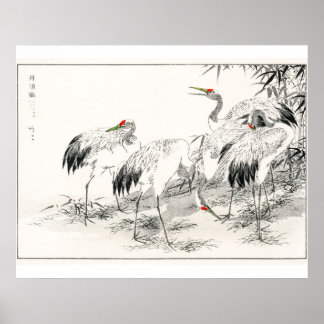 Cranes In Bamboo Forest Vintage Japanese Art Poster