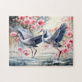Cranes in water with floral reflections pussel