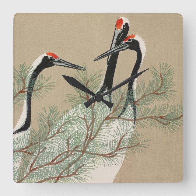 Cranes Kamisaka Sekka japan målarkonst canvas cc Fyrkantig Klocka (Framsida)