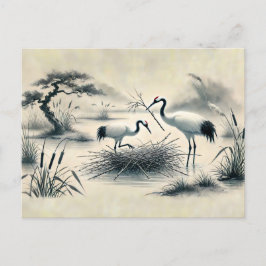 Cranes Ntesting vid färgen Nest China Bläck Vykort