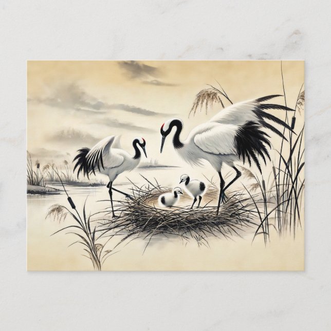 Cranes Ntesting vid färgen Nest China Bläck Vykort (Framsida)