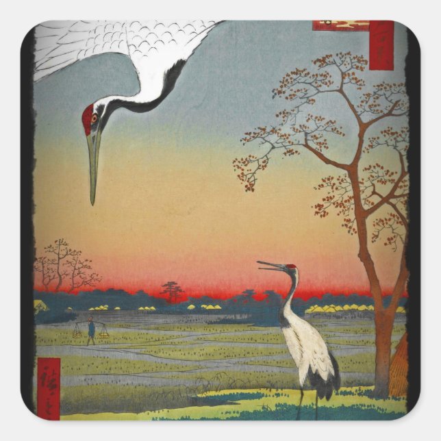 Cranes och Blue Vatten Fyrkantigt Klistermärke (Framsida)