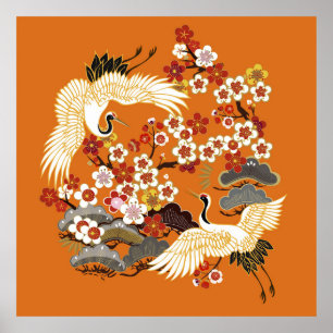 CRANES OCH FÄRG SAKURA. Färglös blommigt sömlös Poster