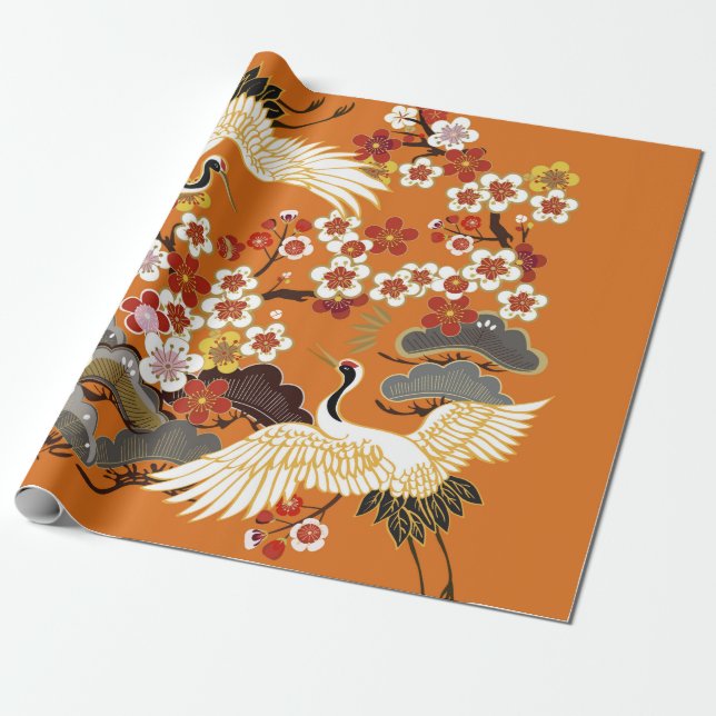 CRANES OCH FÄRG SAKURA. Färglös blommigt sömlös  Presentpapper (Utrullad)