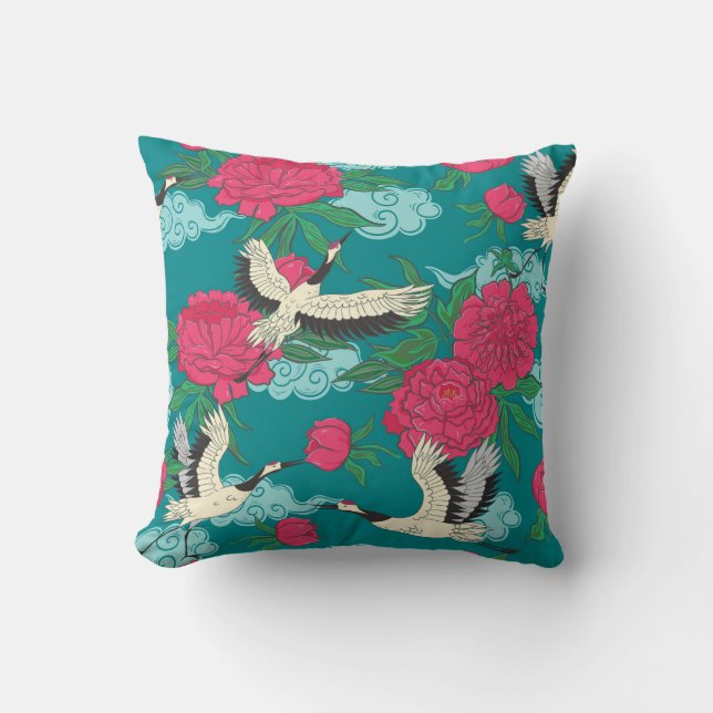 Cranes Peonies: Vintage Blommigt Graphics Kudde (Framsida)
