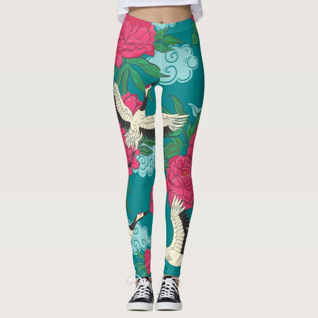 Cranes Peonies: Vintage Blommigt Graphics Leggings (Framsida)