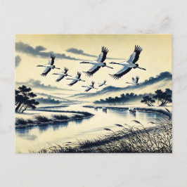 Cranes som flyter över en flod Landskapet kinesisk Vykort