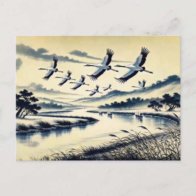 Cranes som flyter över en flod Landskapet kinesisk Vykort (Framsida)