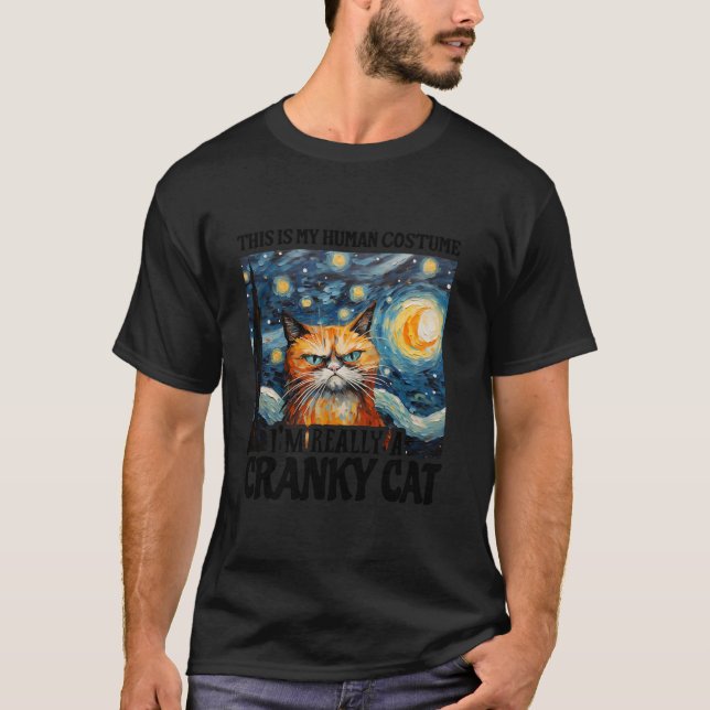 Cranky Cat in Human Costume Funny Van Gogh Hallowe T Shirt (Framsida)