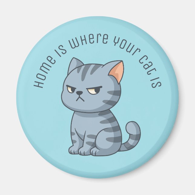 Cranky Grey Tabby Cat Custom Text Blue Magnet (Framsidan)