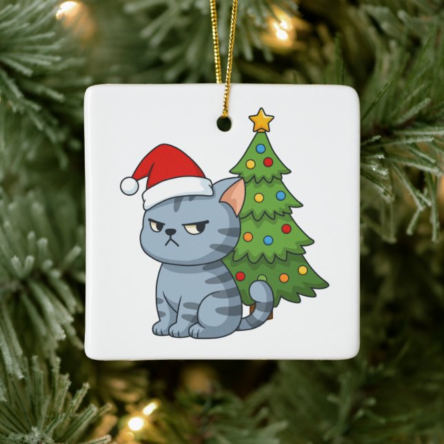Cranky Grey Tabby Cat Red Hat Christmas Tree Julgransprydnad Keramik (Träd)