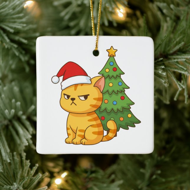 Cranky Orange Tabby Cat Red Hat Christmas Tree Julgransprydnad Keramik (Träd)