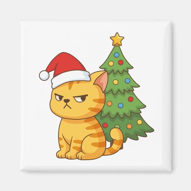 Cranky Orange Tabby Cat Red Hat Christmas Tree Magnet (Framsidan)